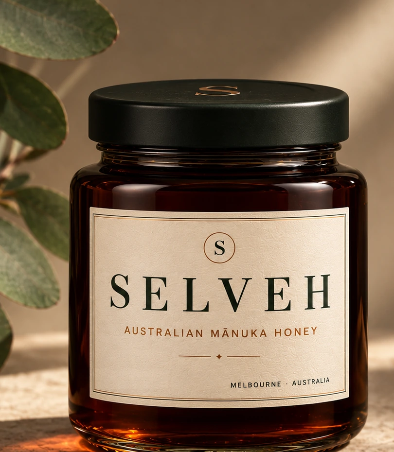 SELVEH Australian Mānuka line packaging concept in dark amber glass