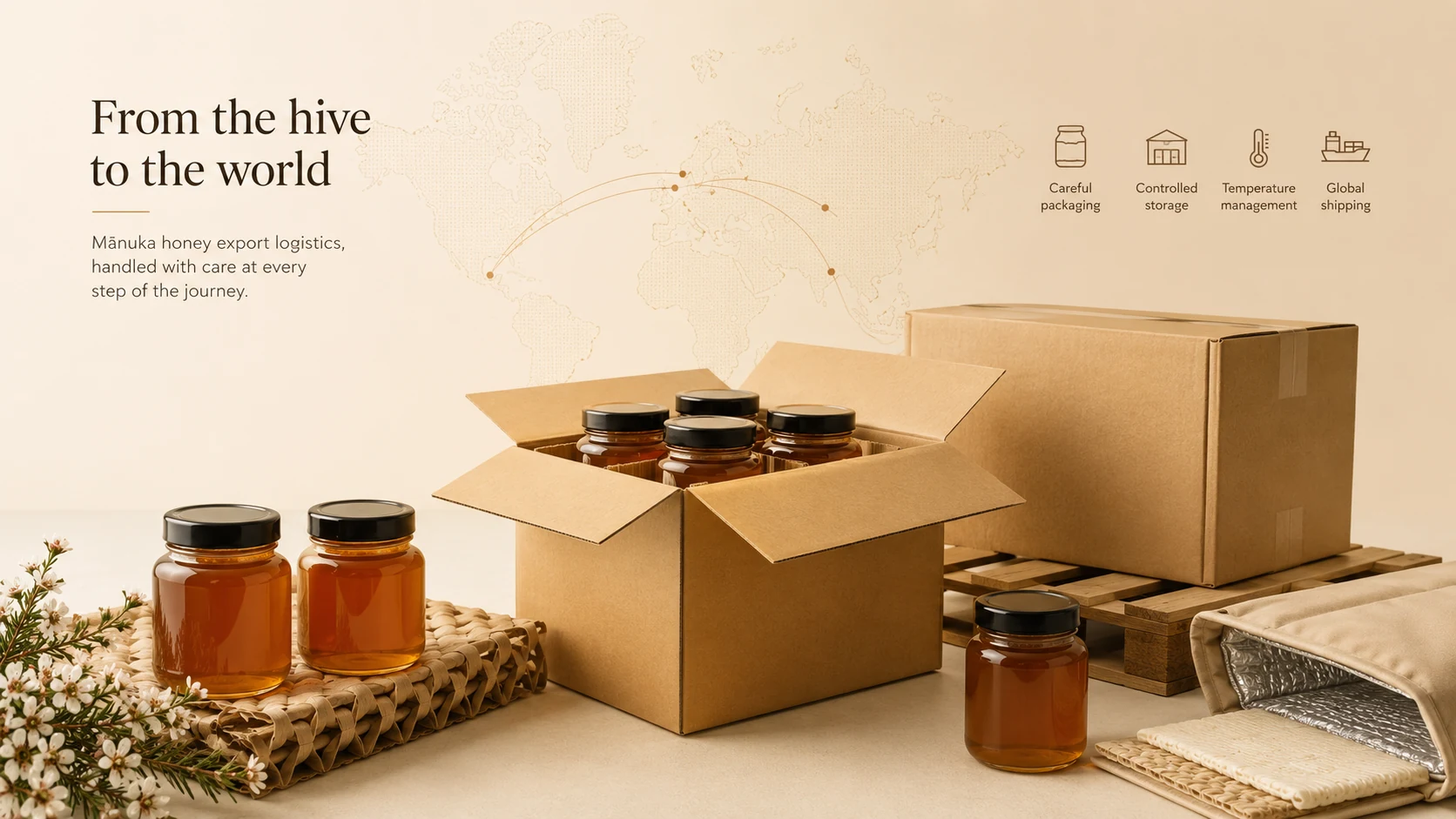 Packed honey jars, shipping cartons and logistics symbols, used as an editorial illustration for export logistics guidance.