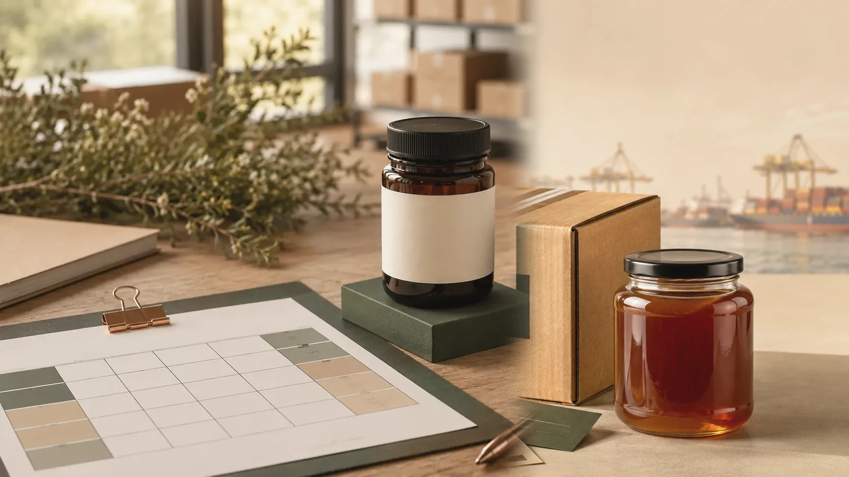 Unbranded amber honey jars, a wholesale range worksheet, export documents and a shipping carton in a warm sourcing studio.
