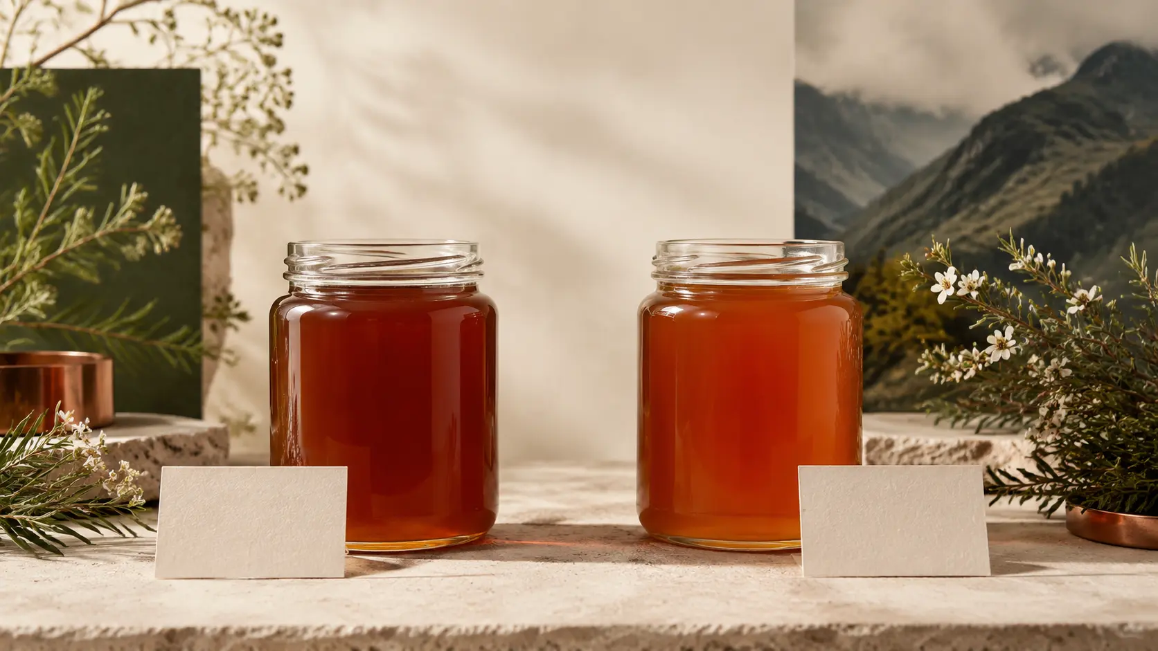Editorial comparison of two unbranded Mānuka honey jars presented with equal visual weight beside distinct botanical origin studies.