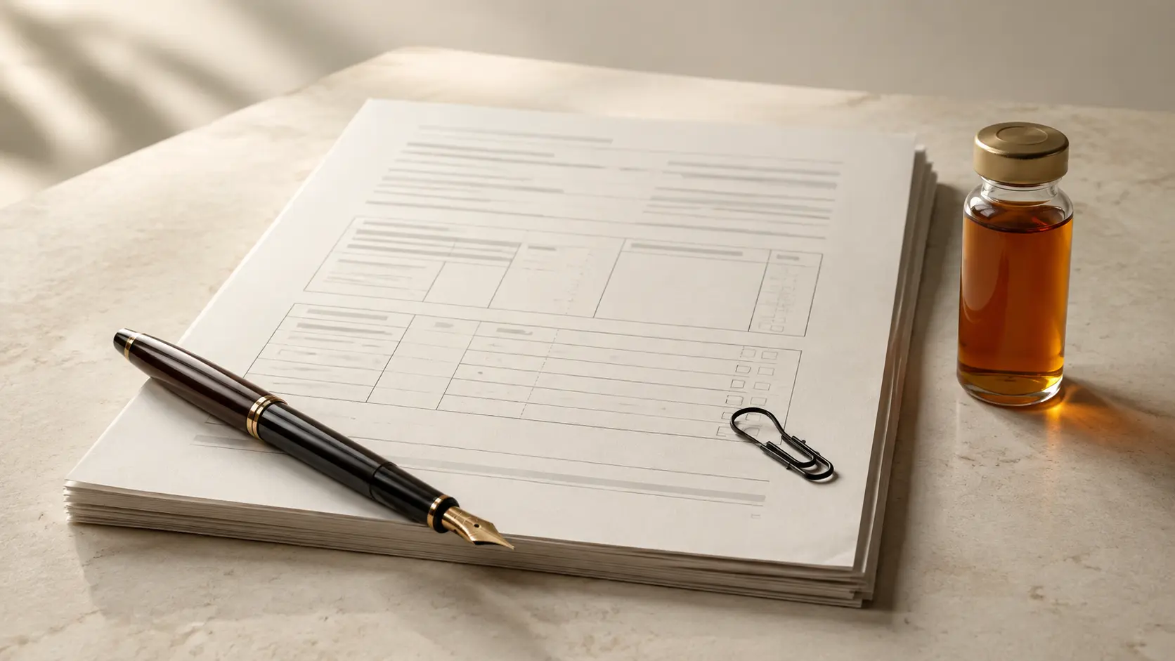 Conceptual still life of an amber honey sample beside unbranded batch documents