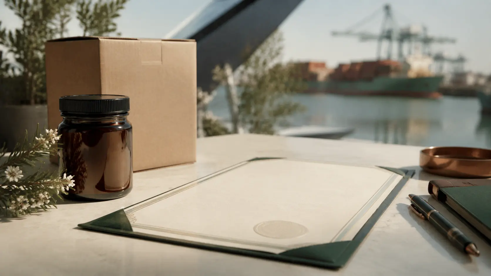 Editorial export-document scene with an unbranded Mānuka honey jar, plain carton, formal origin document and a distant port.