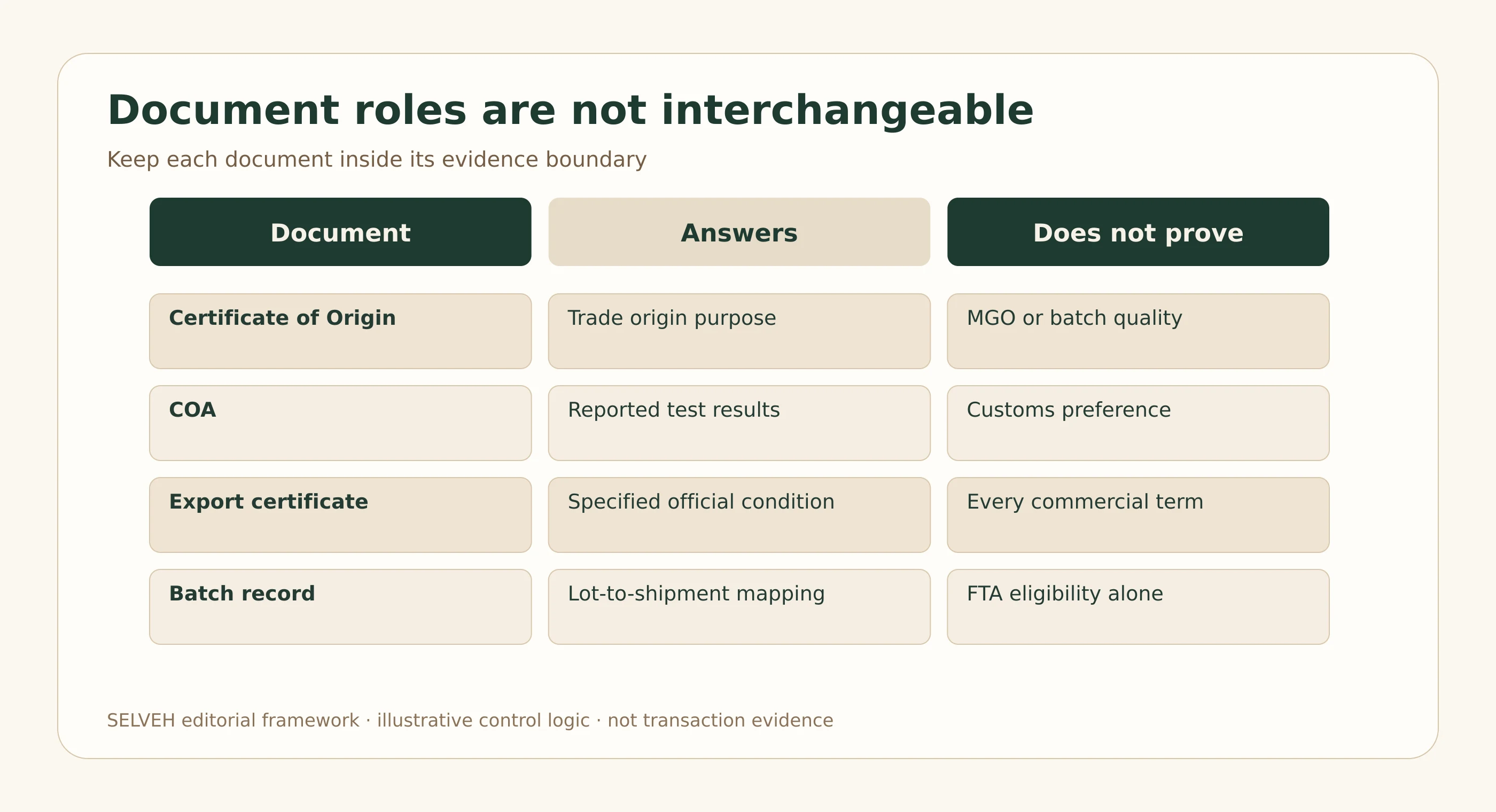 Document-role map separating Certificate of Origin, COA, export certificate, batch record and shipping documents.