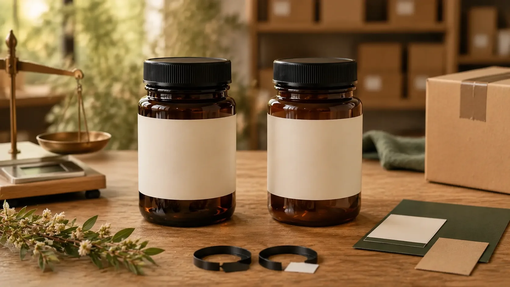 Two same-capacity blank amber honey jars presented with a balance scale, closures, packaging swatches and a transit carton in a warm development studio.