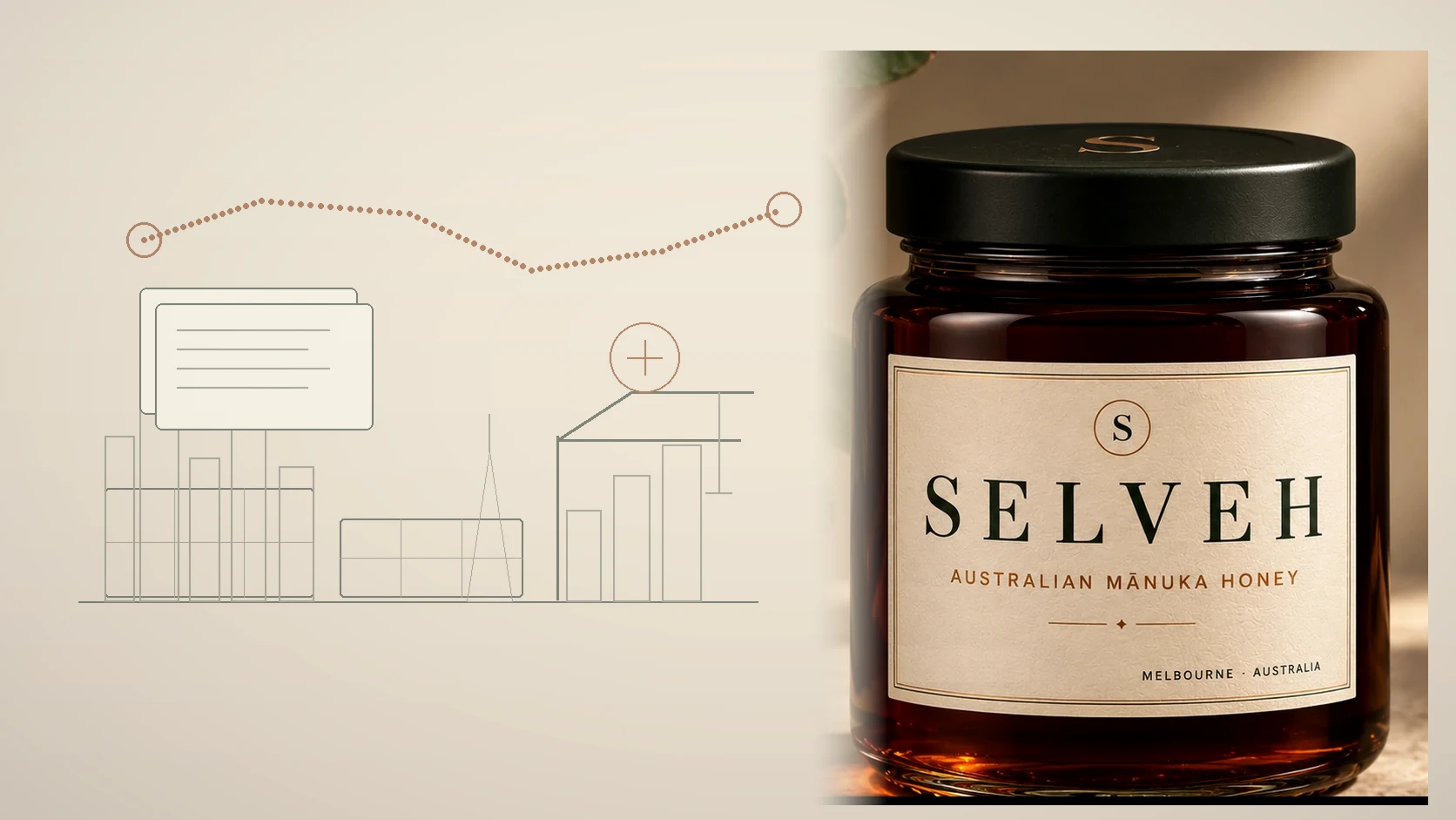 Development-stage SELVEH Mānuka jar beside trade-route and documentation graphics for Singapore import guidance.