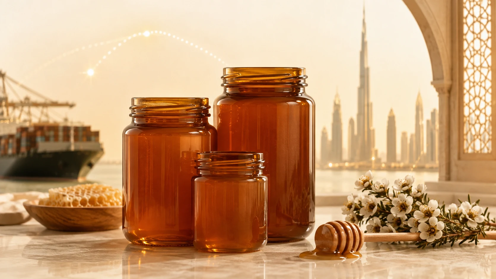 Amber honey jars in a trade setting with a Dubai skyline backdrop, used as an editorial illustration for UAE import guidance.