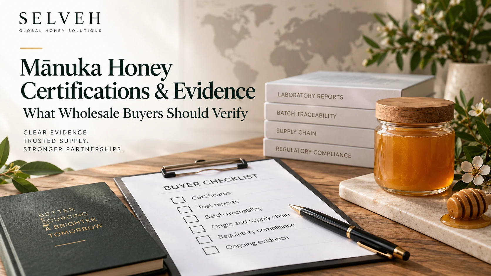 Editorial evidence-verification scene with an unbranded honey jar, buyer checklist and generic laboratory, traceability and compliance documents.