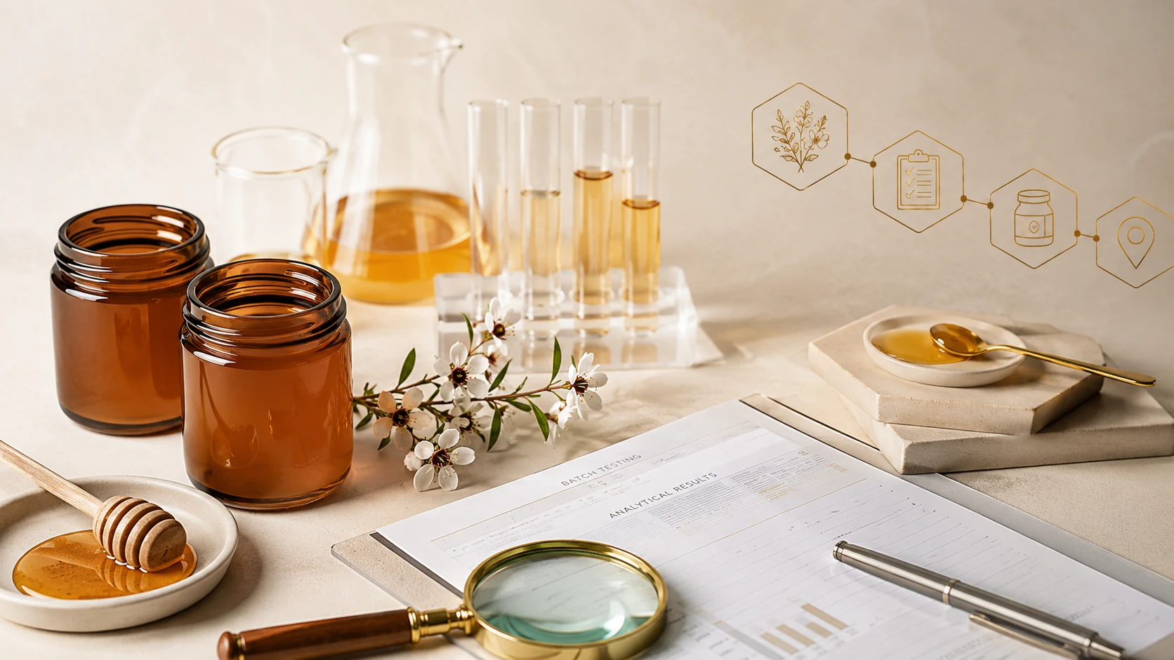 Laboratory glassware, honey jars and an analytical results sheet, used as an editorial illustration for COA testing and traceability.