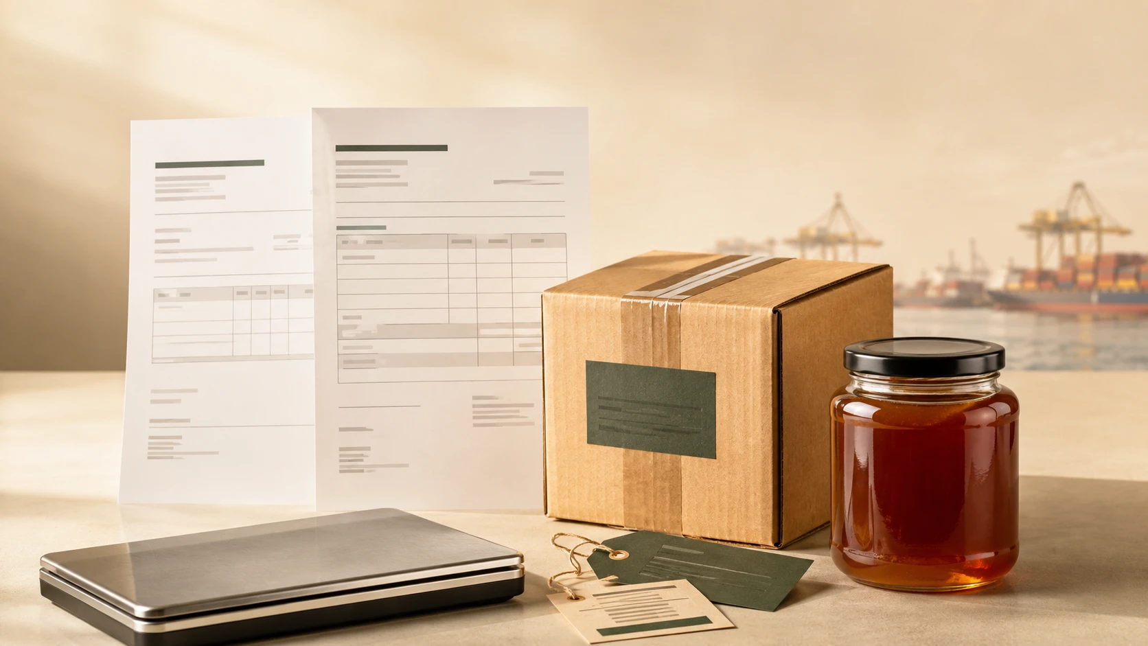 Editorial export-document scene with an unbranded dark amber Mānuka honey jar, commercial papers, sealed carton, shipment tags and a distant port.