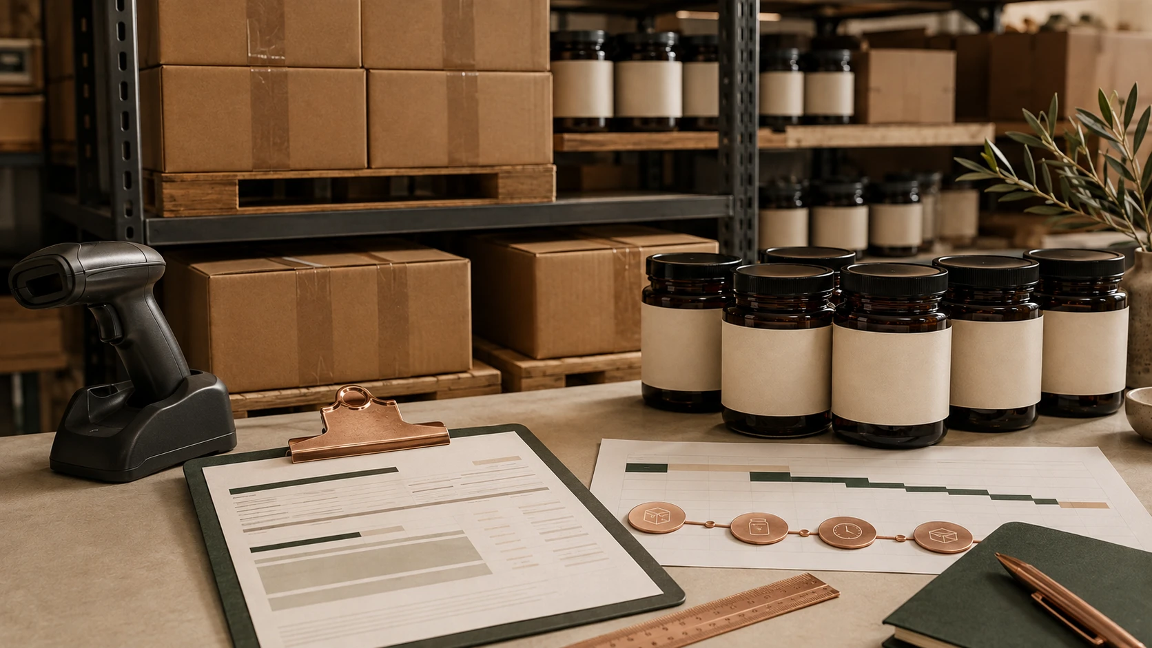 Editorial inventory-planning scene with blank-label amber honey jars, sealed cases, shelving, scanner and abstract reorder worksheets.