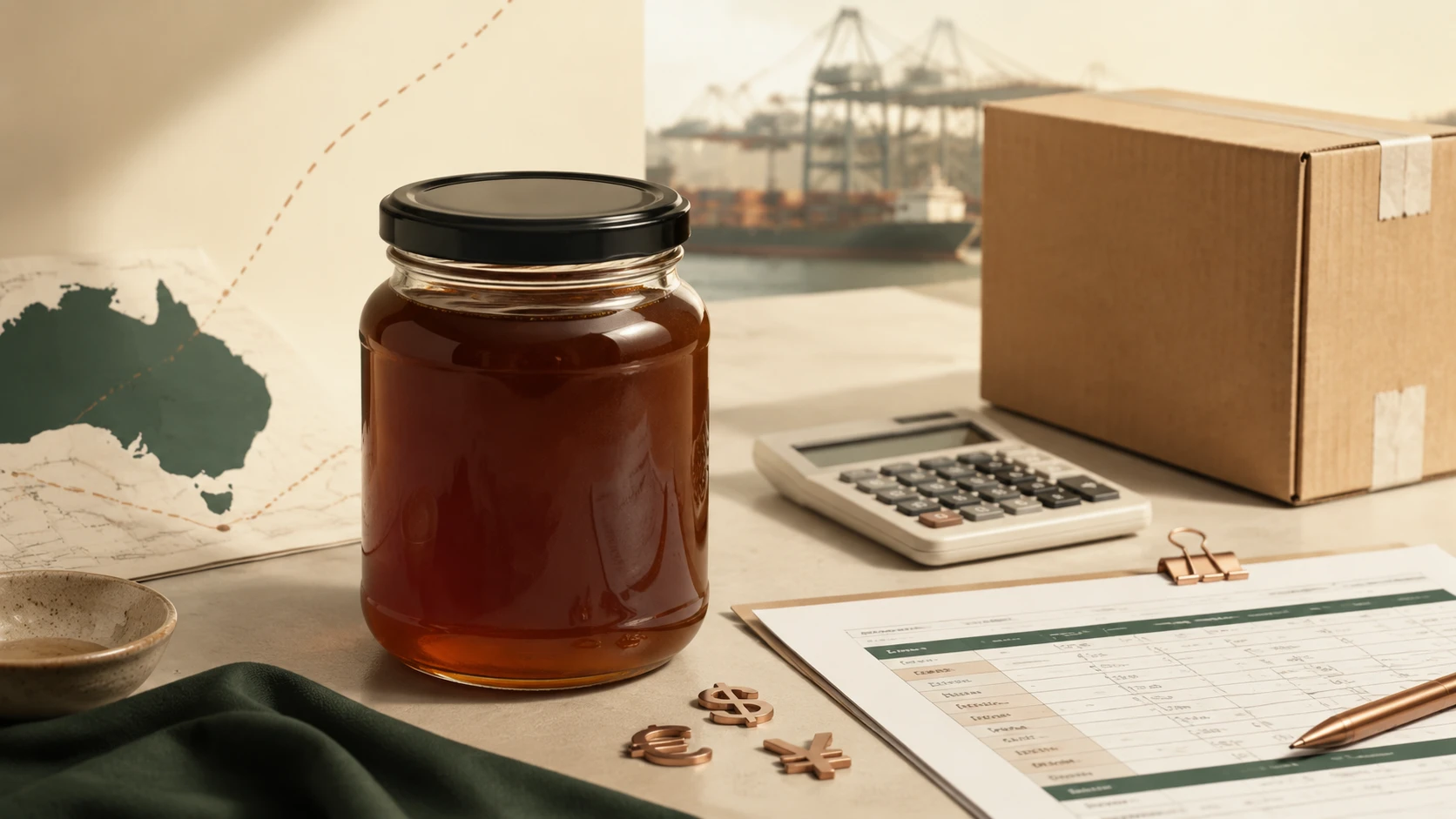 Editorial landed-cost scene with an unbranded dark amber Mānuka honey jar, calculator, cost worksheet, export carton and distant port.