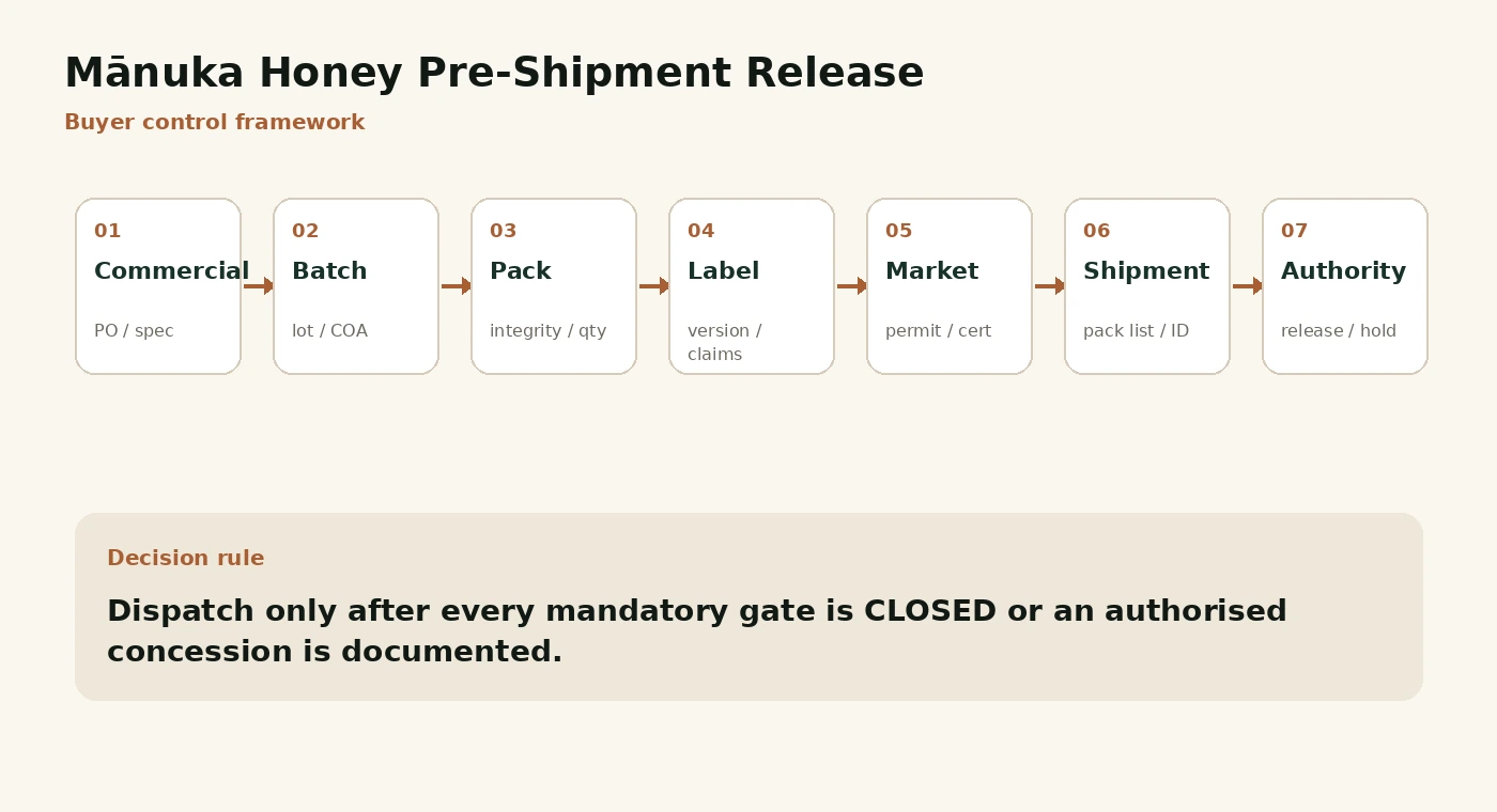 Buyer control visual for Mānuka Honey Pre-Shipment Release.