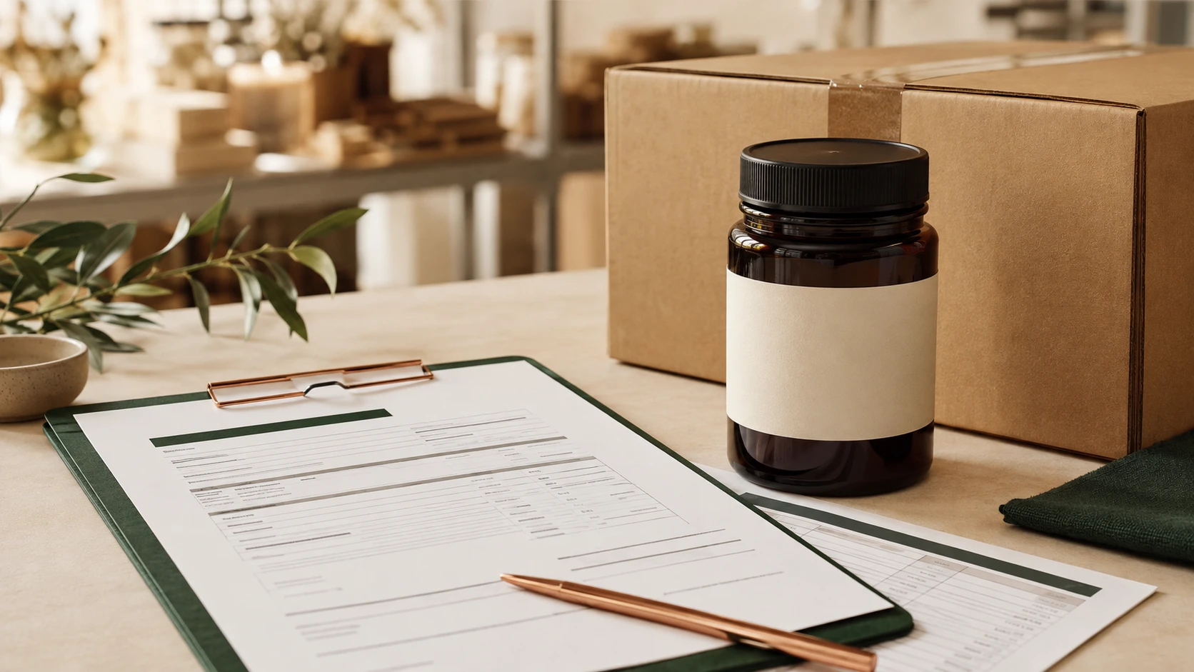 Editorial purchasing scene with an unbranded amber Mānuka honey jar, clipboard, abstract order sheets, copper pen and plain export carton.