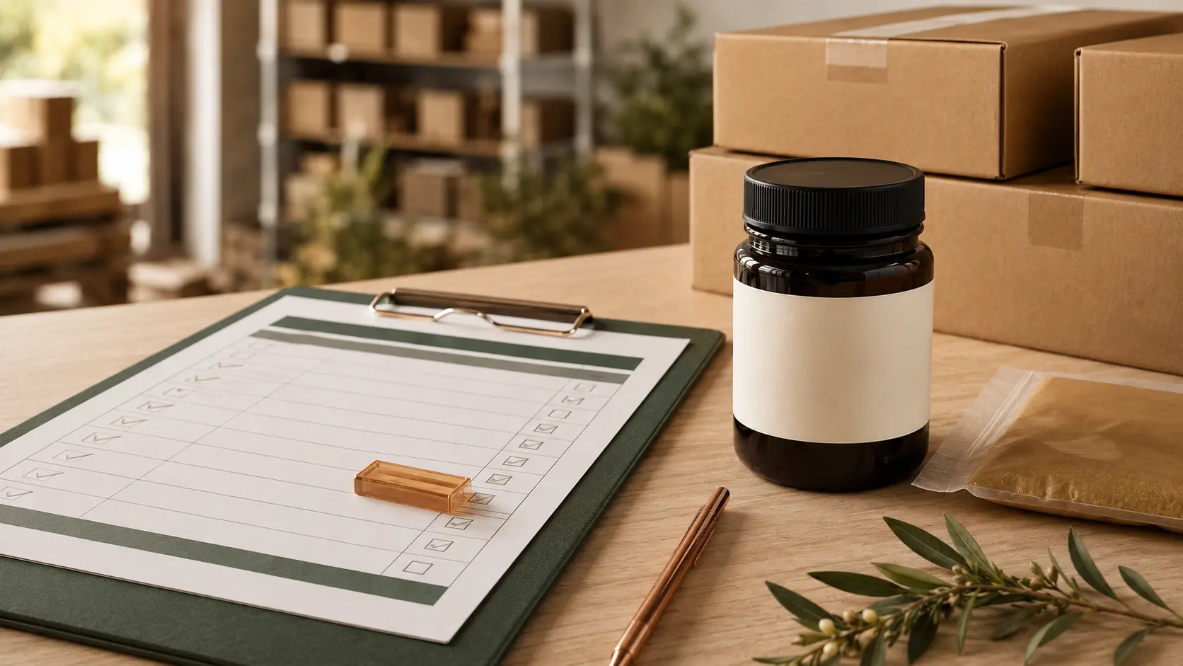 Editorial quality-control scene with an unbranded amber honey jar, abstract inspection board, evidence pouch and plain export cartons.
