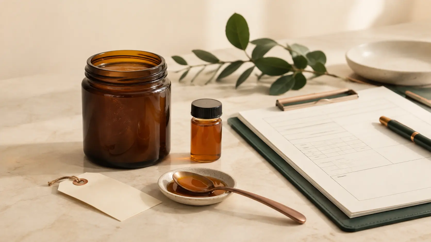 Editorial Mānuka honey sample-approval scene with an unbranded jar, coded sample vial, spoon, batch tag and controlled review worksheet.