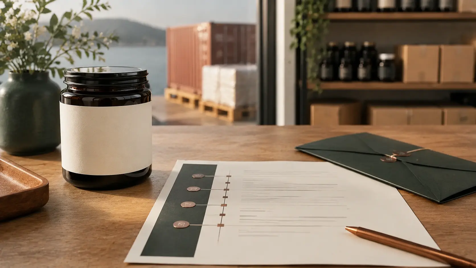 Editorial export-payment scene with an unbranded amber honey jar, abstract milestone worksheet, sealed document envelope and cargo in the background.