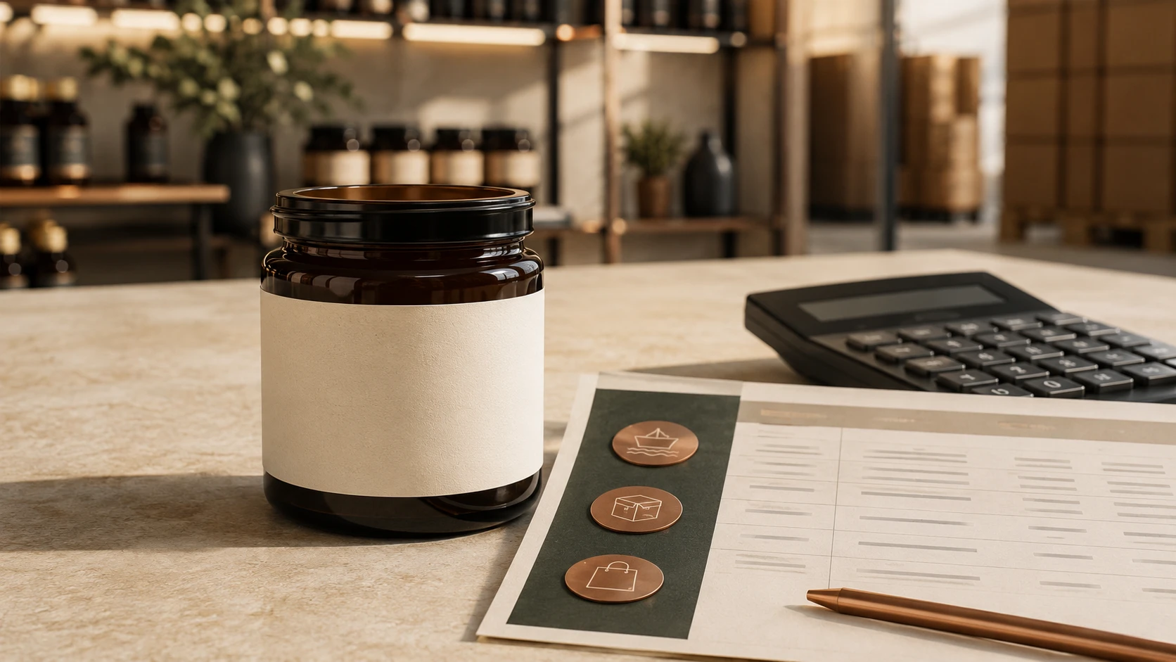 Editorial pricing scene with an unbranded amber Mānuka honey jar, calculator, abstract worksheet and copper tier markers.