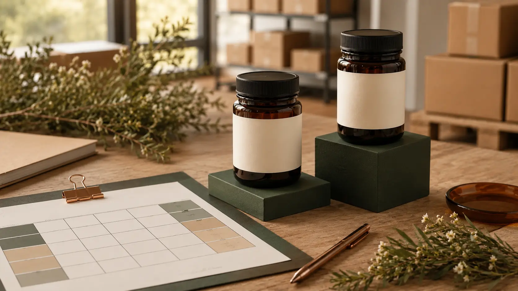 Two unbranded amber honey jars displayed on different tier blocks beside a blank wholesale range-planning grid.