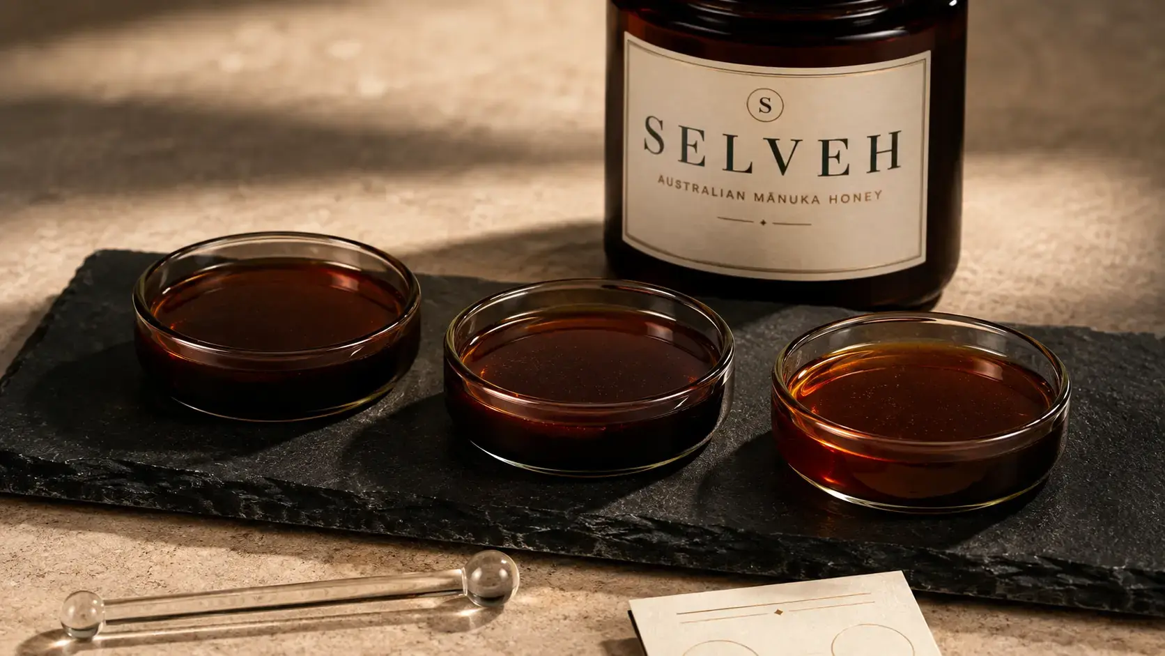 Dark amber honey samples beside a SELVEH concept jar