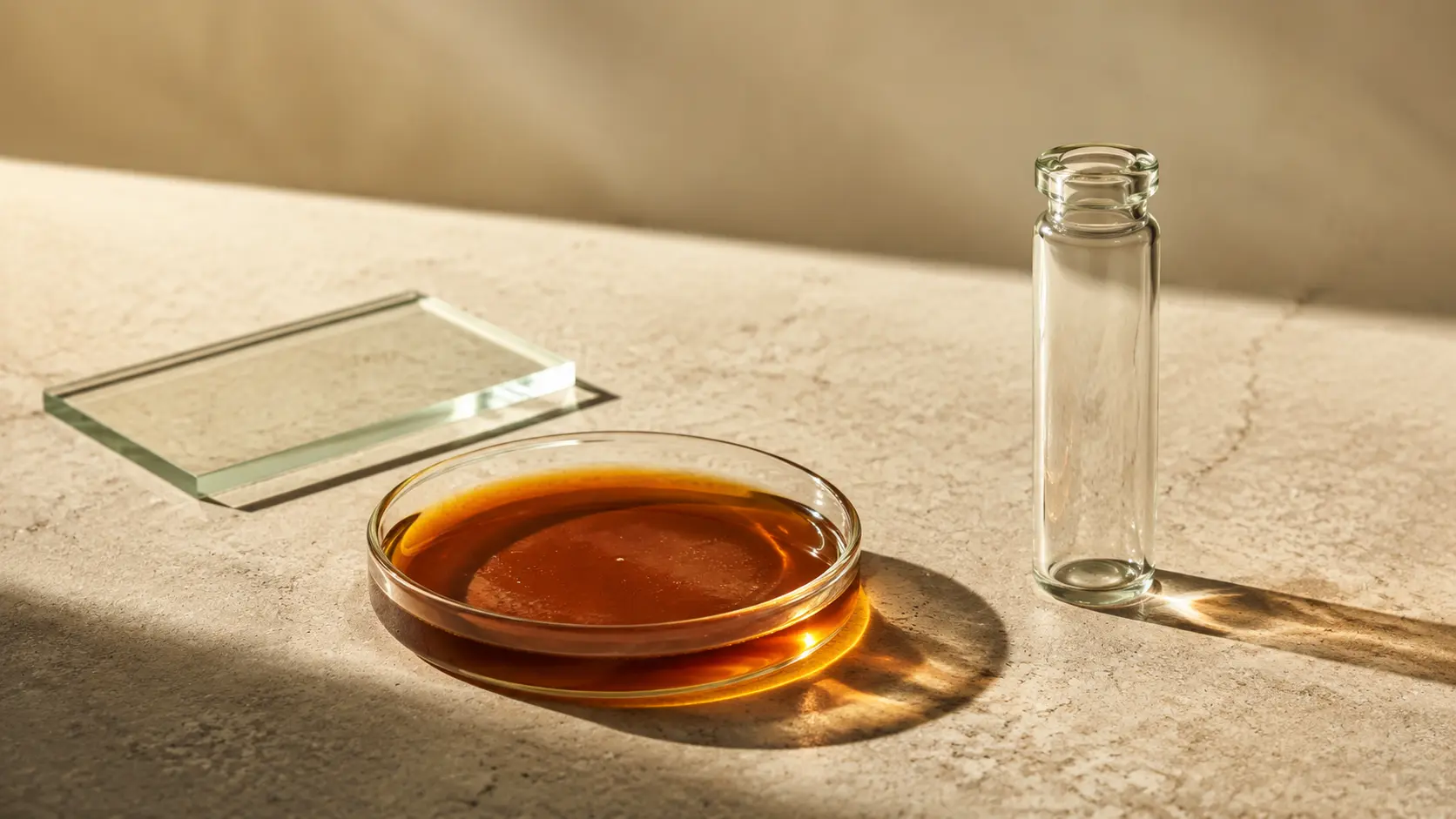 Conceptual composition of an amber honey sample and clear laboratory glassware