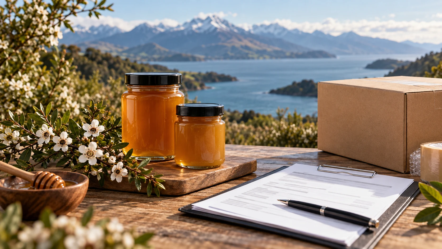 Unbranded Mānuka honey jars, export packaging and buyer documentation against a New Zealand landscape.