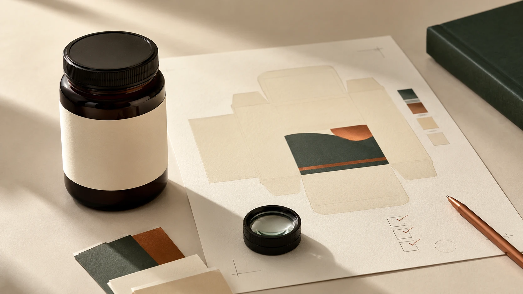 Editorial artwork-review scene with an unbranded dark amber honey jar, blank cream label, dieline, colour swatches and approval marks.