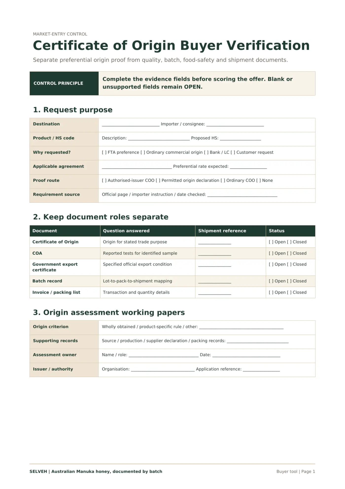 Preview of the Certificate of Origin buyer verification matrix.