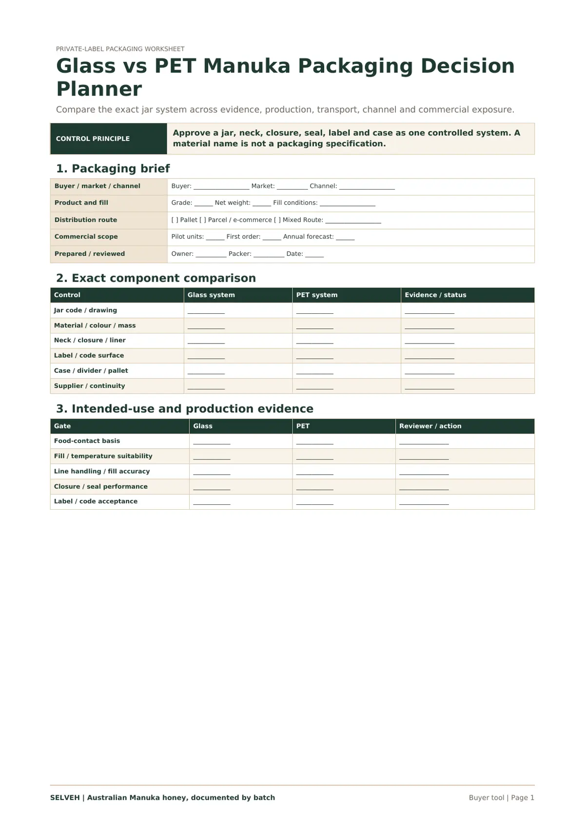Preview of the glass versus PET Manuka packaging decision planner.