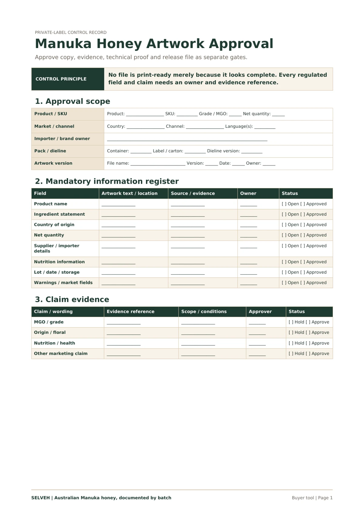 Preview of the Mānuka honey artwork approval record.