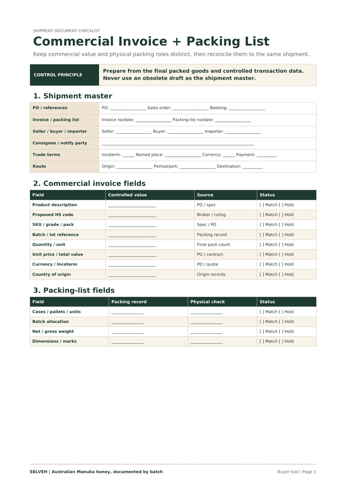Preview of the Mānuka honey invoice and packing list reconciliation checklist.