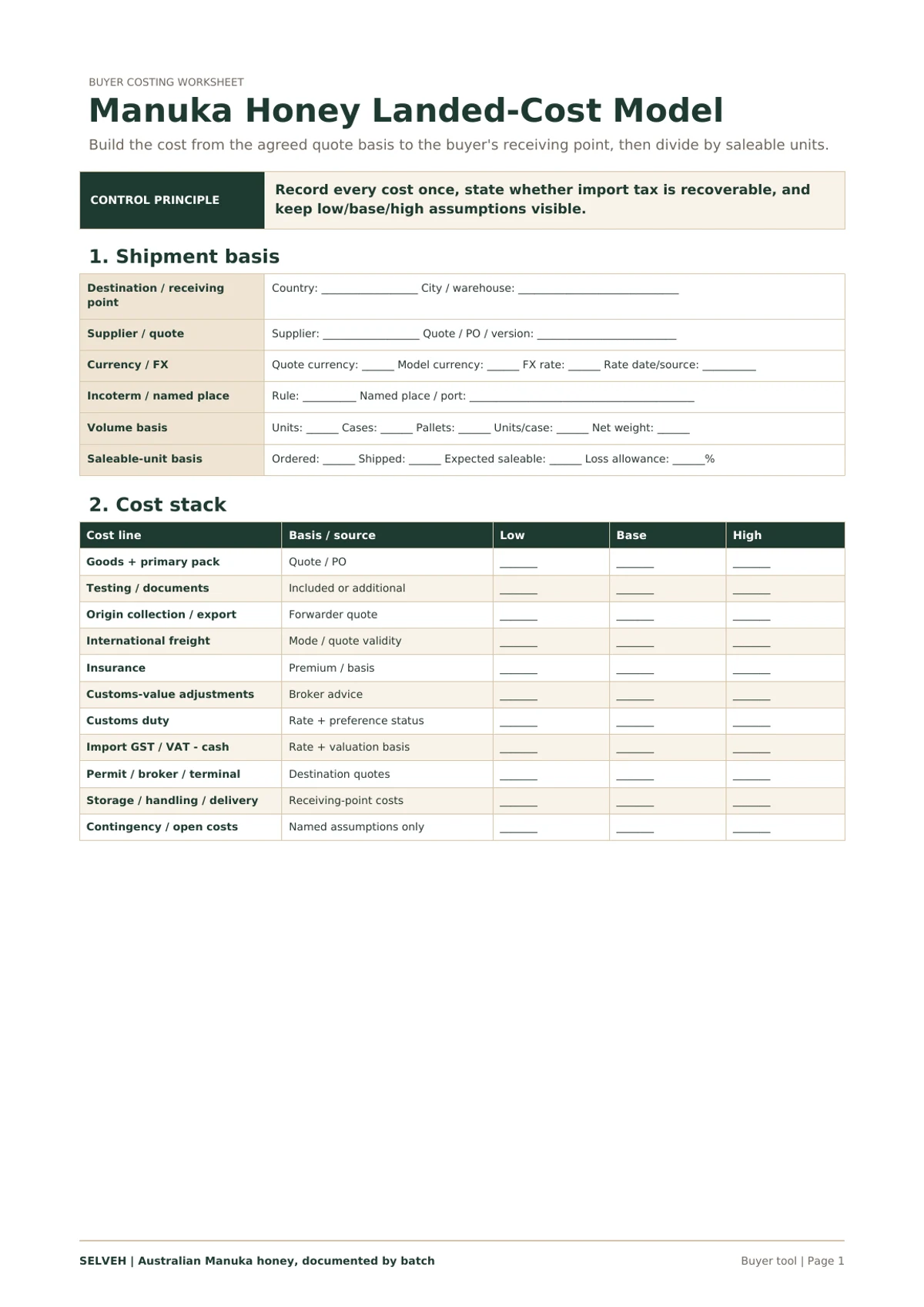 Preview of the Mānuka honey landed cost worksheet.