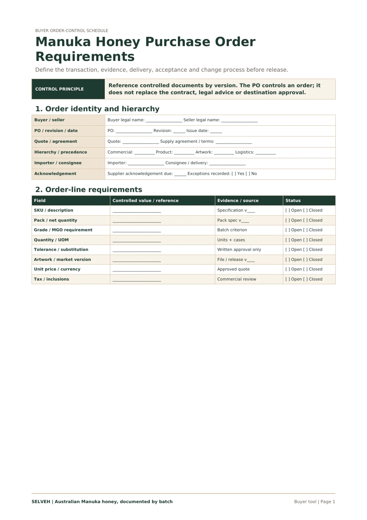 Preview of the Mānuka honey purchase order requirements schedule.
