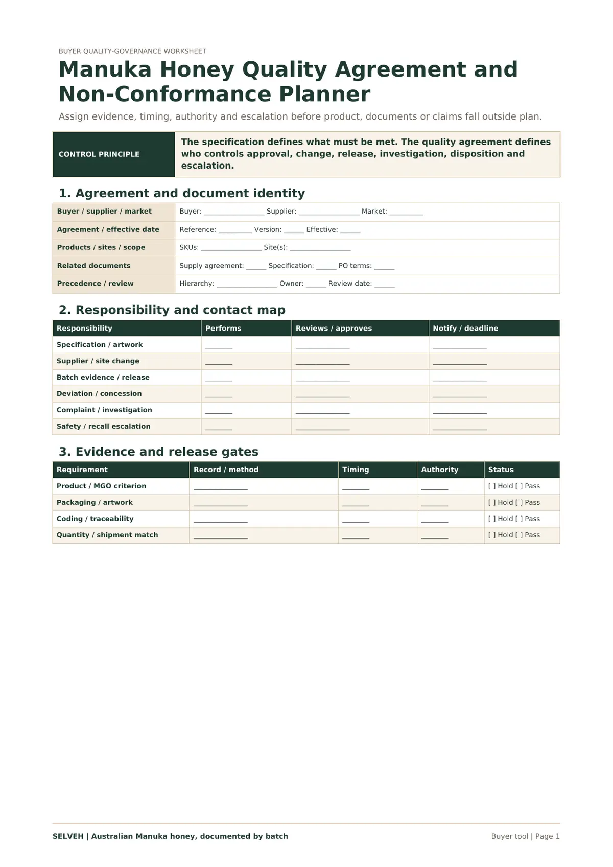 Preview of the Mānuka honey quality agreement and non-conformance planner.