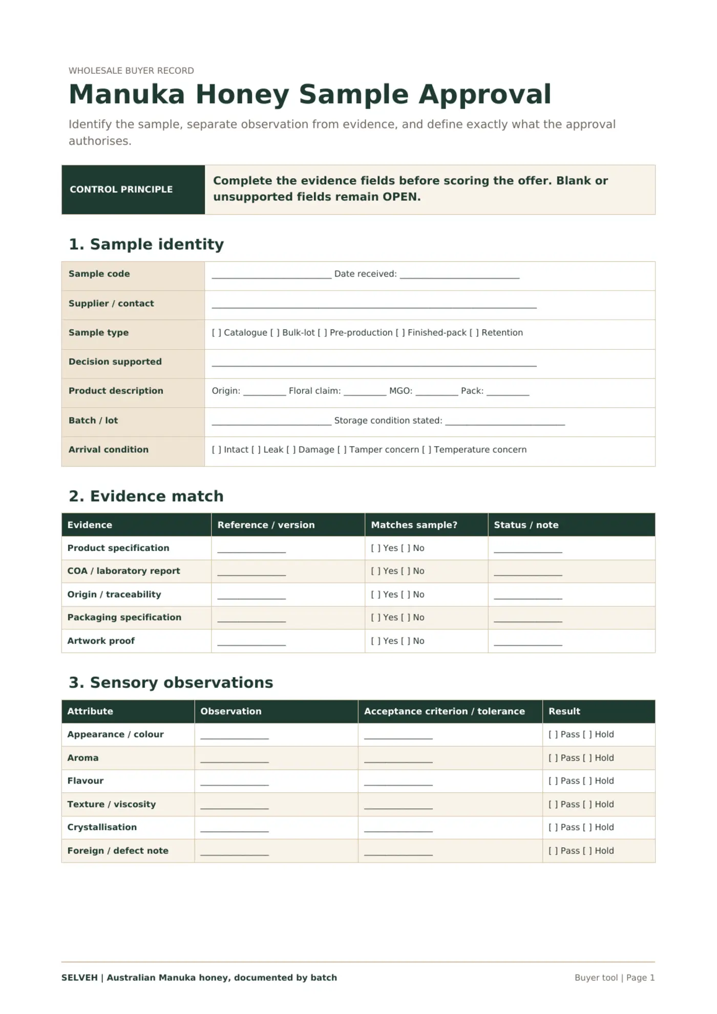 Preview of the Mānuka honey sample approval record.