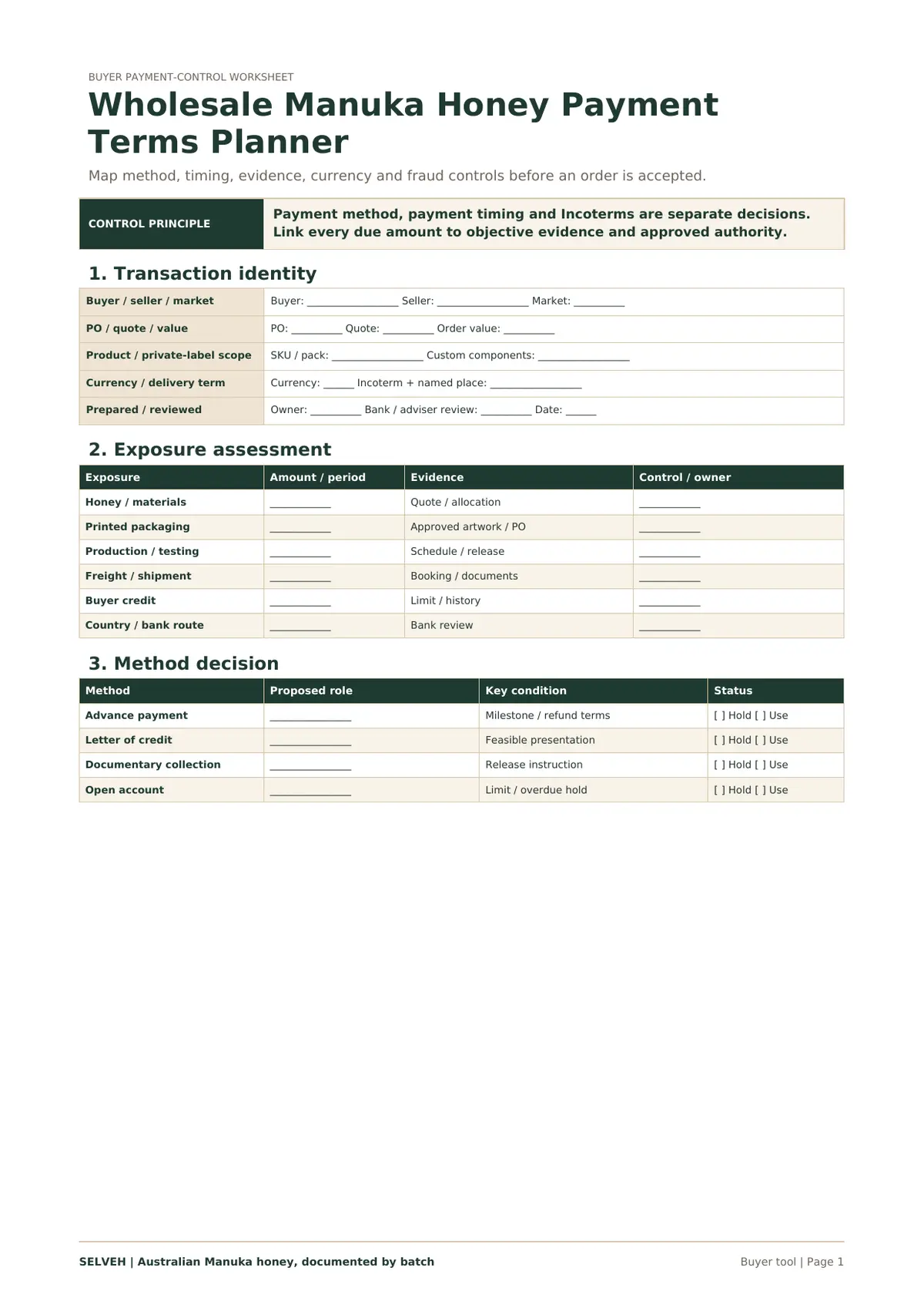 Preview of the wholesale Mānuka honey payment terms planner.