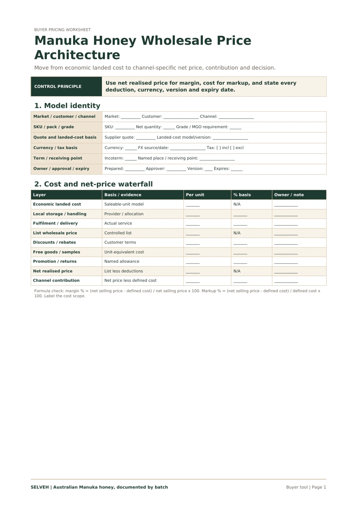 Preview of the Mānuka honey wholesale price architecture worksheet.