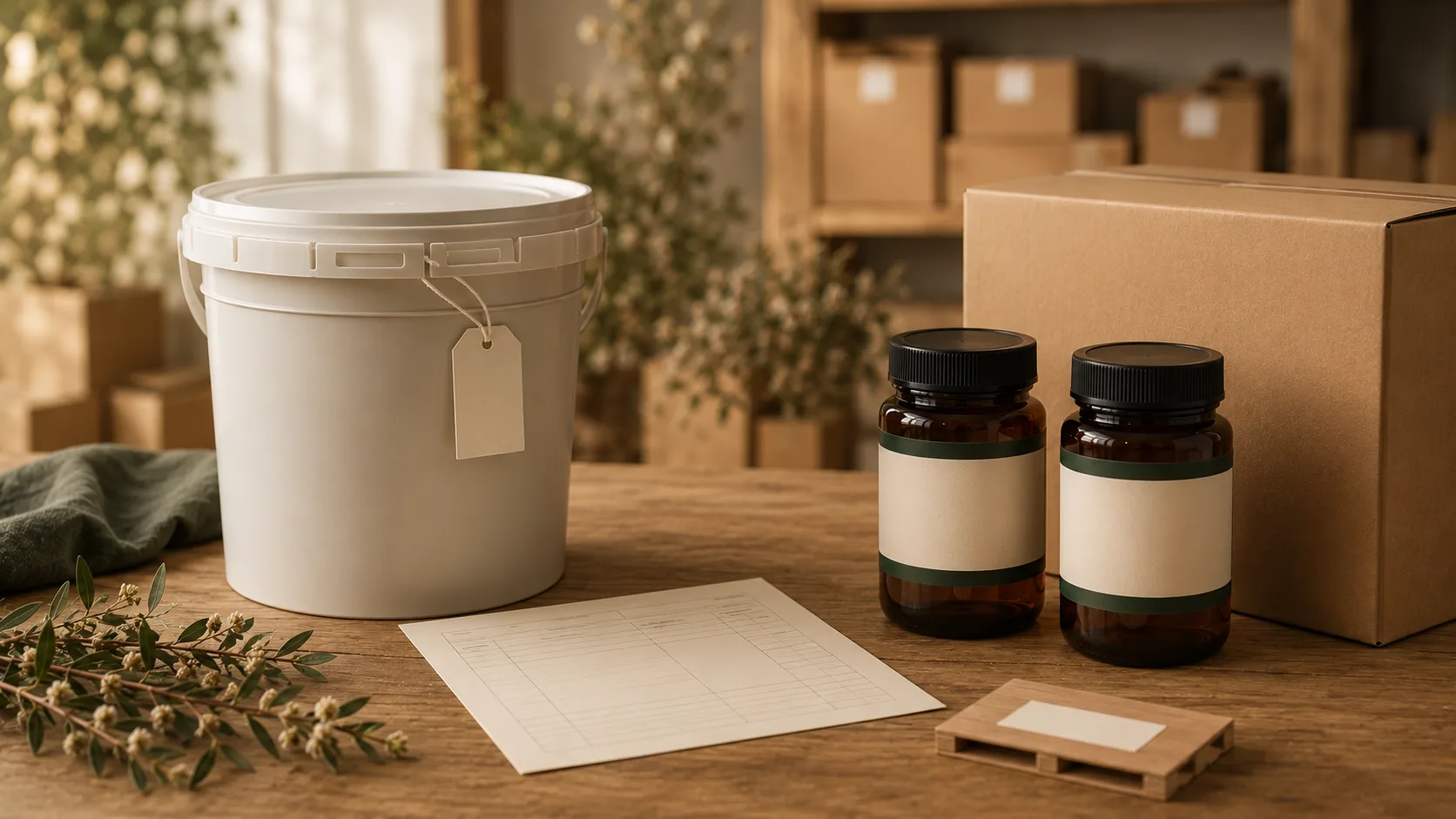 A sealed unbranded food-grade bulk honey pail beside two blank amber retail jars, a shipper carton and a packing worksheet in a warm export studio.