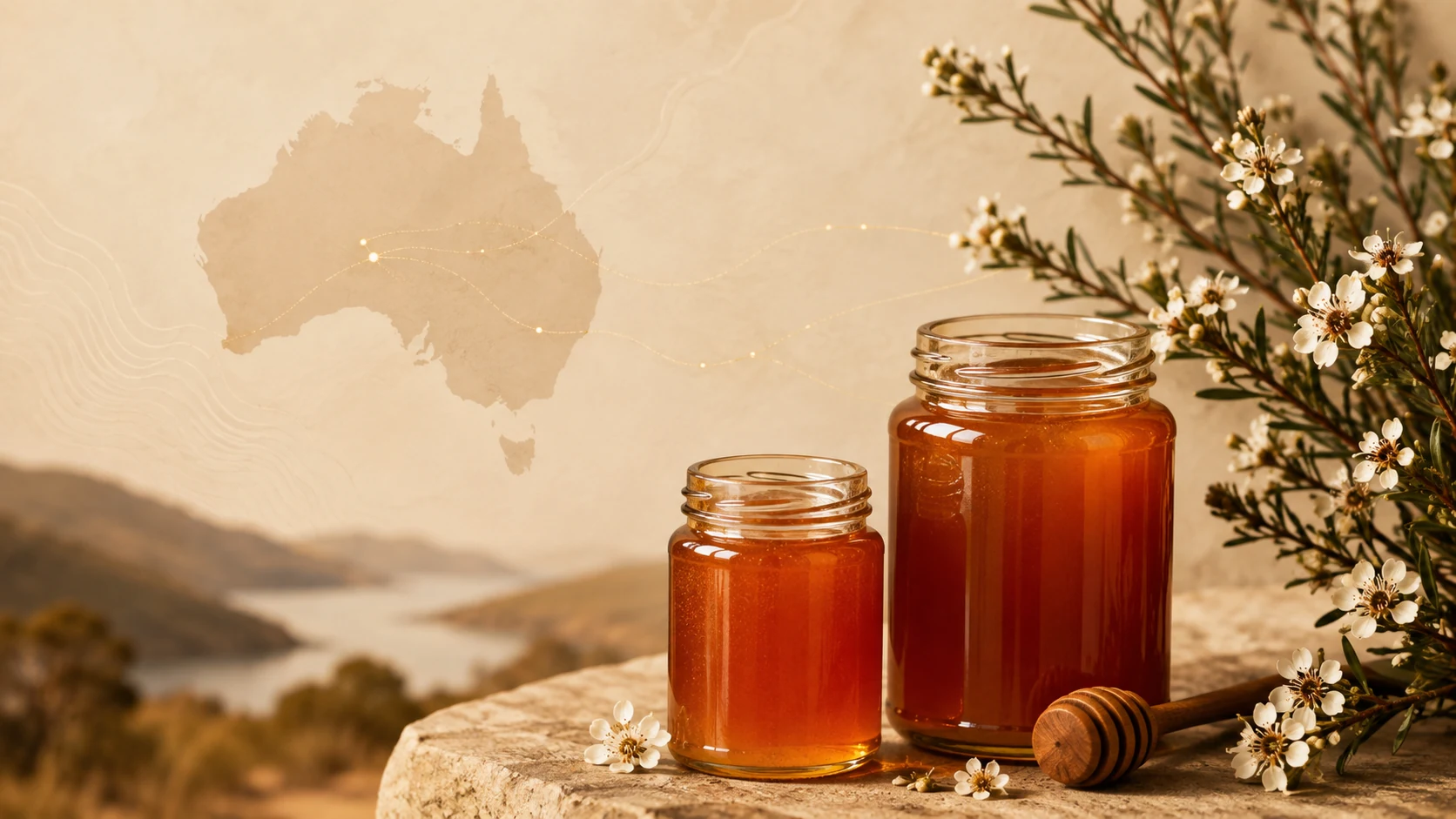 Traceability and origin documentation editorial illustration for Australian Mānuka honey.