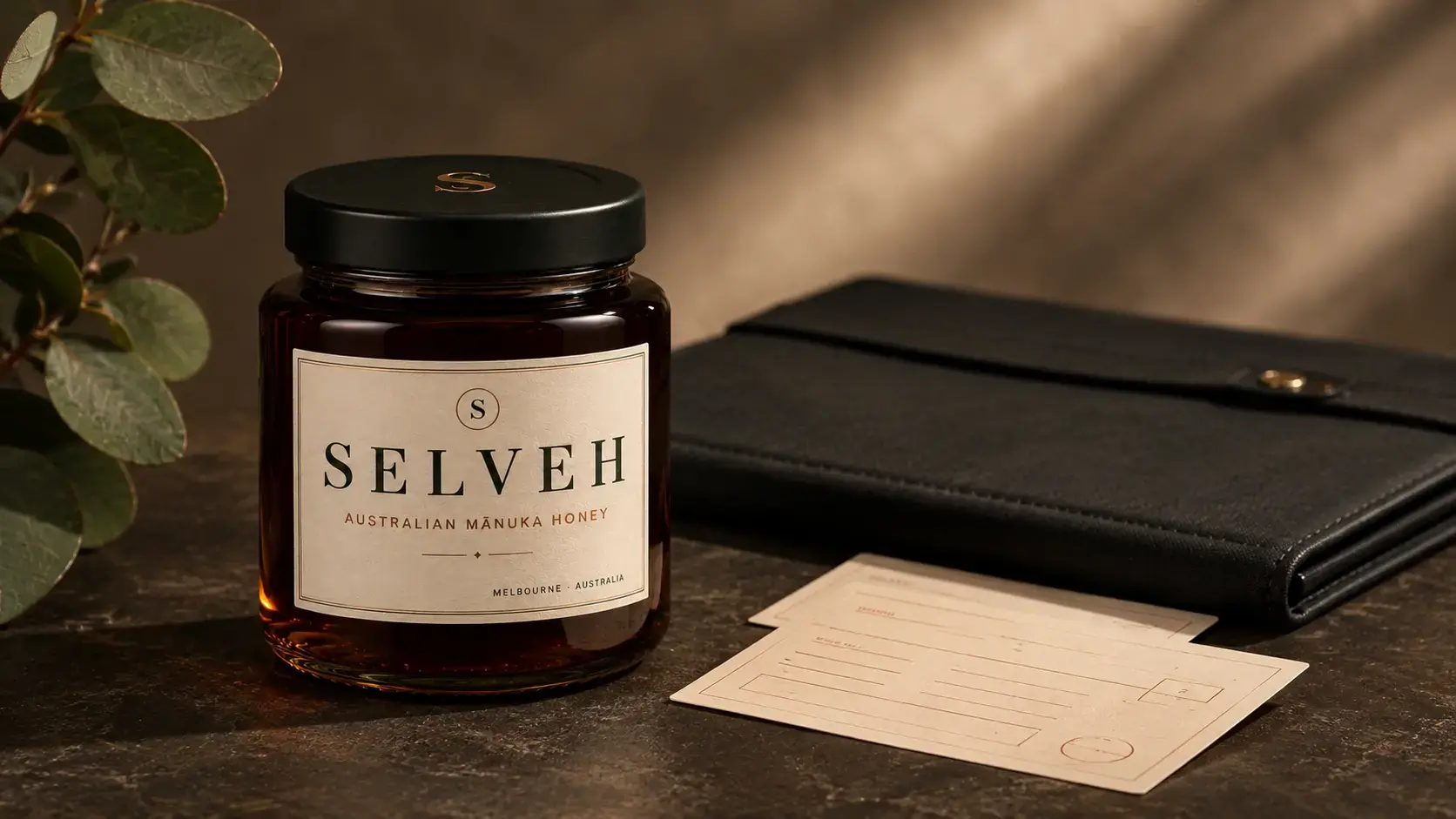SELVEH concept jar with provenance cards and native foliage