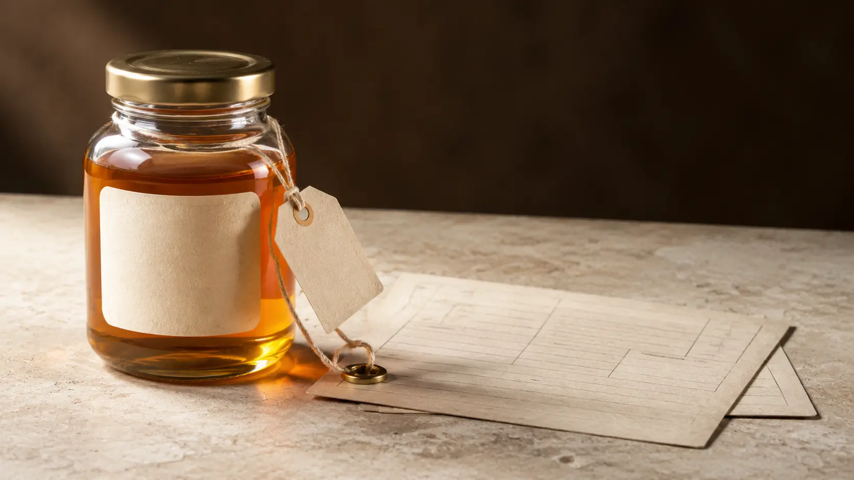 Conceptual still life of an amber honey jar, a batch tag and paper records