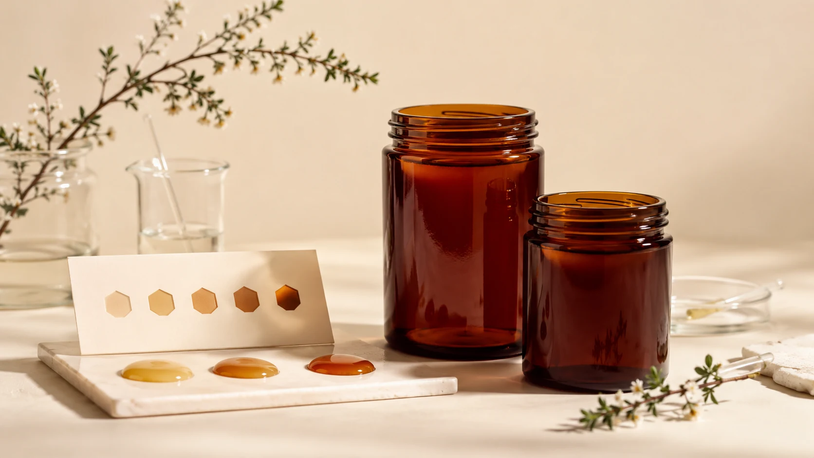 Dark amber honey in unlabeled glass jars with a tonal comparison card, used as an editorial illustration for MGO grading guidance.