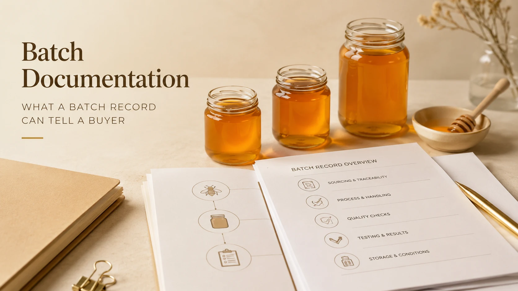 Batch documentation sheets beside honey jars, used as an editorial illustration for batch record review guidance.