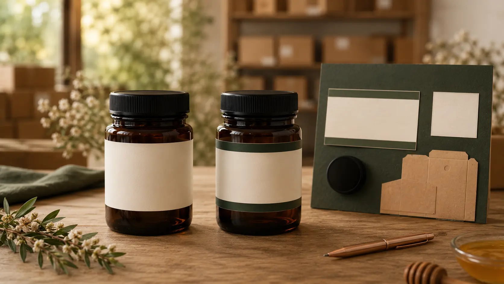 Two unbranded amber honey jars beside a blank packaging customisation board in a warm Australian export studio.